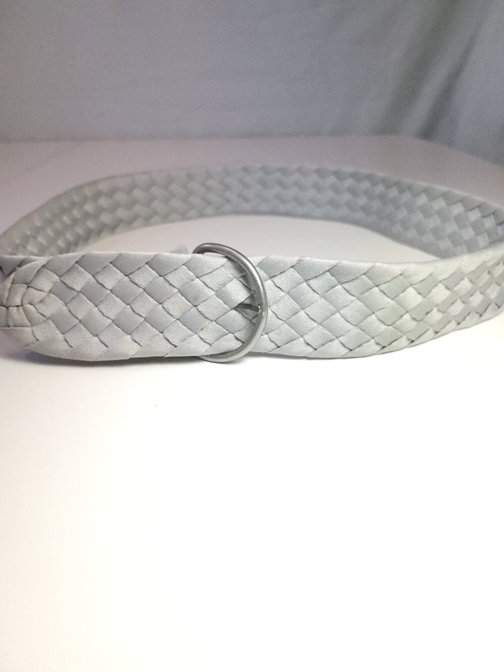 80s Pastel Blue Gray Braided Satin Woven Belt D-Ring Buckle Boho 38.75 inches
